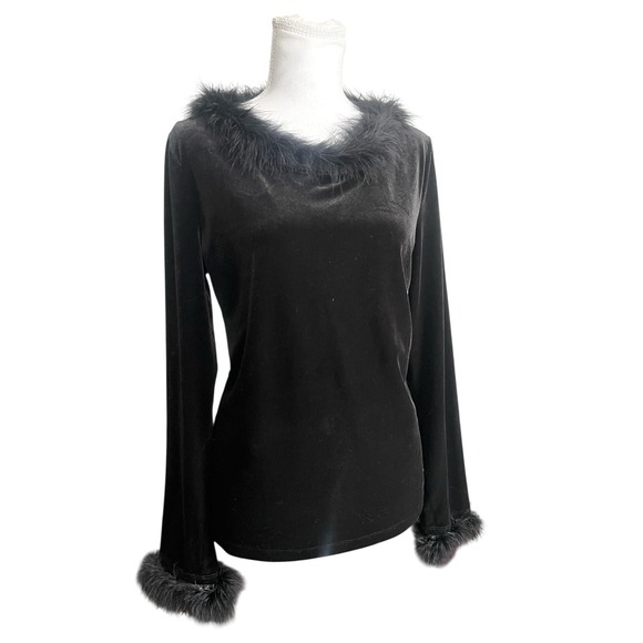 easyspirit Tops - Vintage 90s Black Velvet Long Sleeve Top Fur Feather Trim Vampy Gothic Glam Sz M